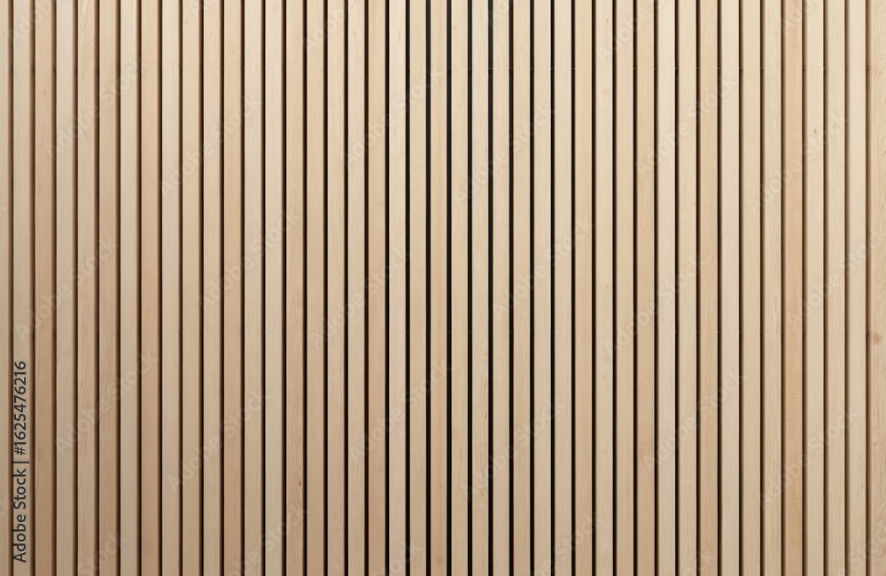 Fototapeta premium Light wood slats form vertical repeating pattern on surface, creating natural, seamless background design. Organic material showcases simple, modern aesthetic with clean lines and subtle shadows.