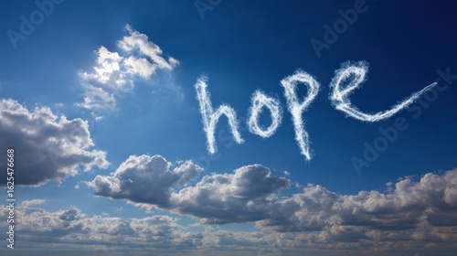 Word hope formed by ethereal light trails in blue sky with clouds