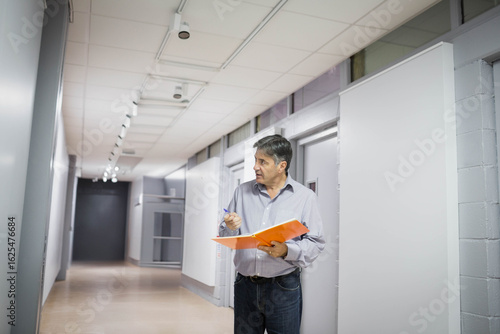 Slika na platnu Man inspecting office corridor with paneled walls holding orange folder and pen