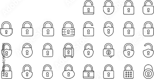 Lock icon collection. Locked and unlocked black line icon set. Flat security symbol. Vector illustration.