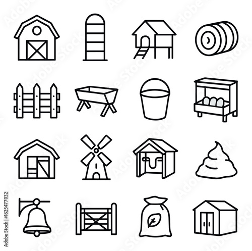 Farm silhouette icon set. containing barn, silo, coop, hay, fence, trough, bucket, chicken coop, windmill, kennel.