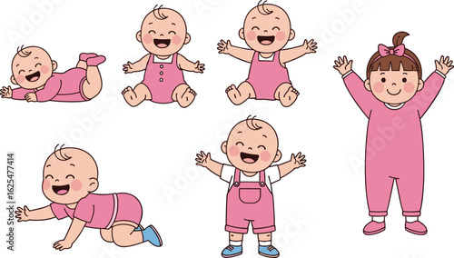 Flat vector illustration depicting a little boy in a striped shirt and blue shorts, with various emotions and body language