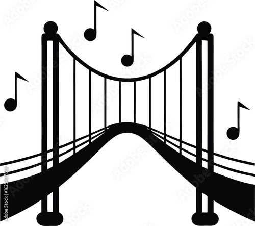 Musical Bridge Over Water with Musical Notes Flying Above new 2025 trendy silhouette in white background
