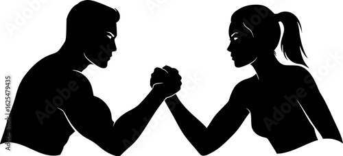 Arm Wrestle: Two figures locked in intense arm wrestling match. A depiction of competition, strength and rivalry.