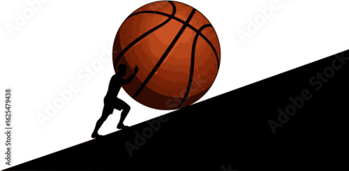 Uphill Struggle: Depicts an individual pushing a massive basketball uphill, symbolizing determination, challenges, and the relentless pursuit of goals. 