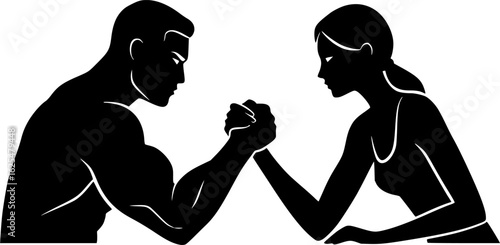 Arm Wrestle: Two figures locked in intense arm wrestling match. A depiction of competition, strength and rivalry.