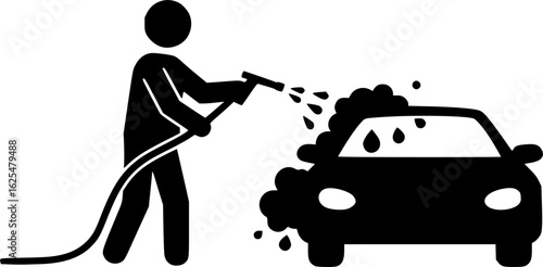 Car Wash Icon: a simple illustration of a person washing a car with a hose, perfect for various uses.