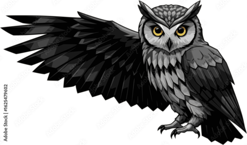 Fototapeta premium Geometric Owl Illustration: A striking geometric owl illustration, rendered in bold black and white.