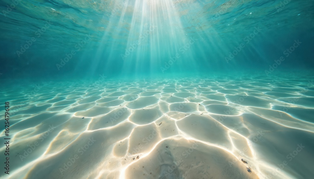 Naklejka premium Sunlight streams through clear turquoise ocean water, illuminating sandy seabed patterns. Aquatic scene shows shallow waves rippling over sand. Tropical paradise offers serene, peaceful summer