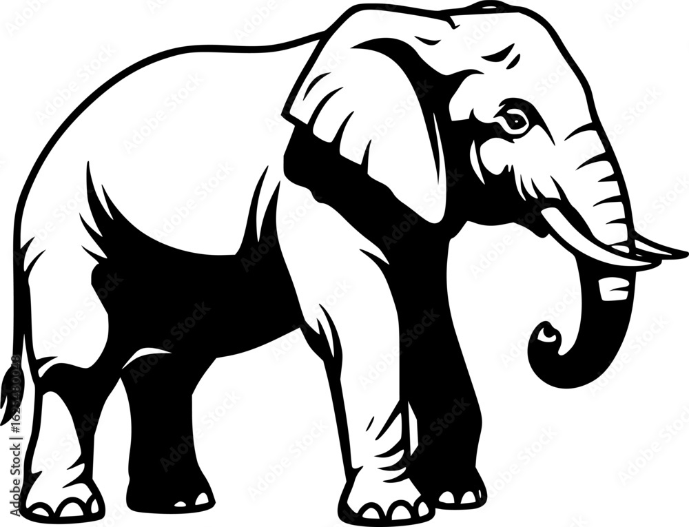 Obraz premium Elephant Silhouette Icon: A striking minimalist black and white illustration of an elephant, perfect for design elements.
