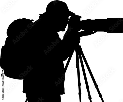 Silhouette of Photographer: A captivating monochrome silhouette of a photographer holding a large lens, evoking a sense of intrigue and capturing a moment of focused observation. 