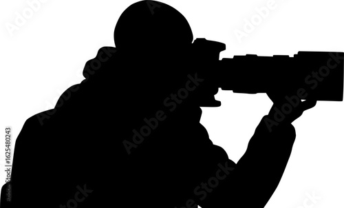 Silhouette of Photographer: A captivating monochrome silhouette of a photographer holding a large lens, evoking a sense of intrigue and capturing a moment of focused observation. 