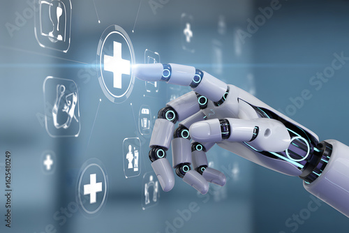 Technological Touch: An advanced robotic hand, gleaming and intricate, delicately interacts with a futuristic healthcare interface, symbolizing innovation in medical technology.