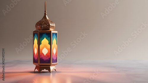 Ornate lantern with vibrant, colorful glass panels glows softly against a blurred, warm background.