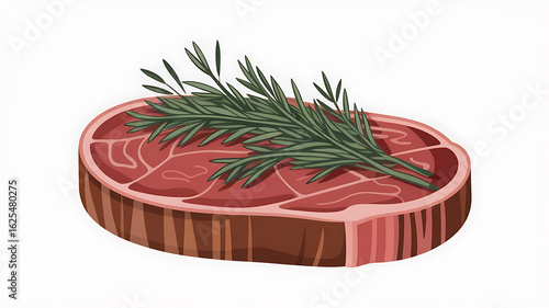 Raw steak with visible marbling and fresh rosemary sprig, showcasing rich color and texture.