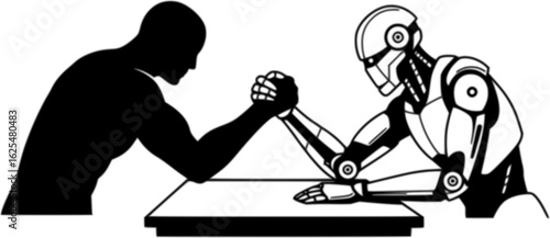 Man Versus Machine: A stark black and white depiction of a human engaging in an arm wrestling contest against a robotic opponent, symbolizing the challenges and conflicts of technology. 
