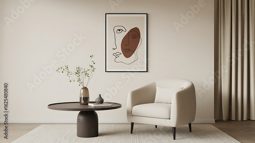 Abstract face drawing framed, minimalist interior with chair, table, and decorative plant.