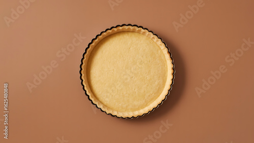 Empty tart shell with a detailed, crimped edge sits centered on a warm-toned background.