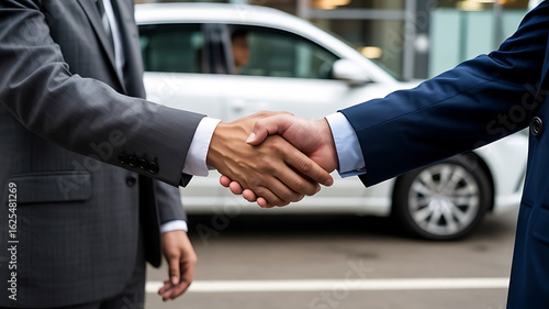 Businessmen shake hands, signifying a deal or agreement.
