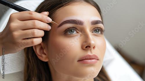 A woman receives eyebrow microblading treatment.
