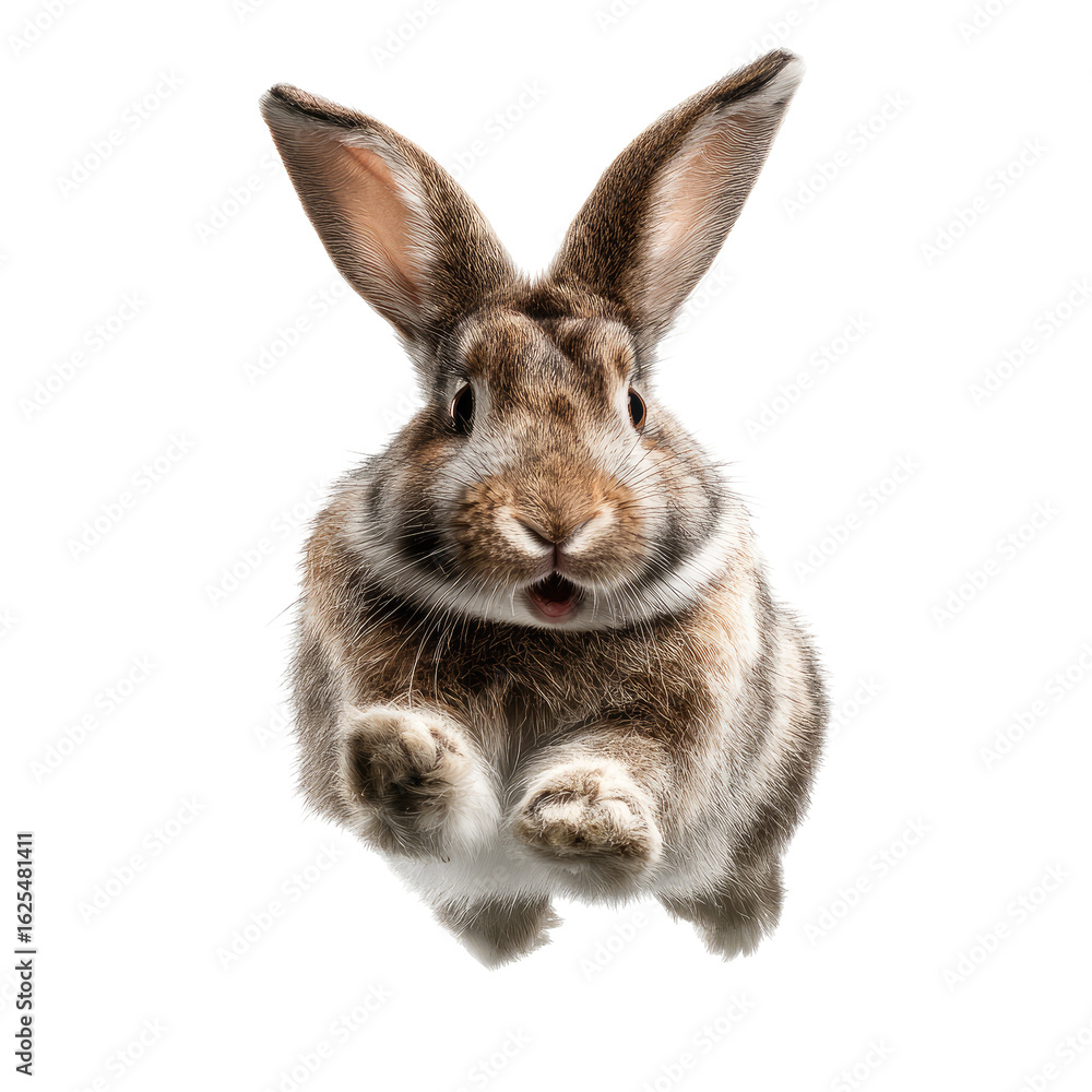 Obraz premium A fluffy rabbit in mid-leap, looking surprised