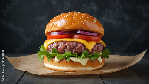 Delicious burger with cheese, lettuce, tomato, and onion.
