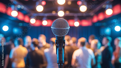 Microphone focused on a listening crowd.
