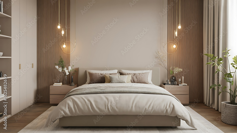 Fototapeta premium Cozy bedroom with neutral tones and warm lighting.