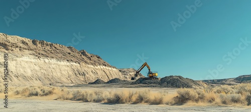 Excavator working at construction site in desert landscape with clear blue sky heavy equipment industry 100