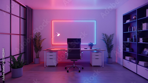 Modern workspace with vibrant pink and blue lighting.
