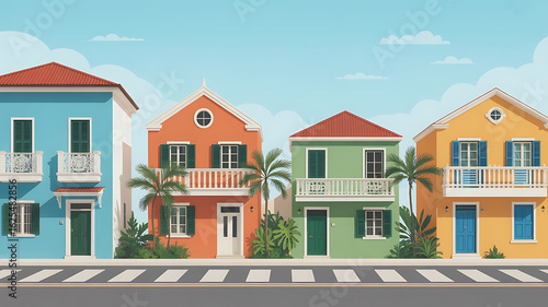 Colorful houses line a street, peaceful and vibrant.
