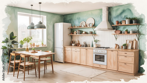 Cozy, light-filled kitchen with wooden cabinets and mint green walls.
