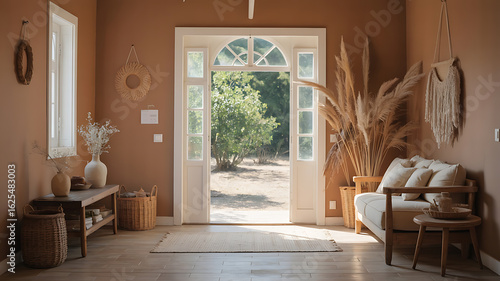 Rustic entryway with open door to garden. Warm, inviting interior.
