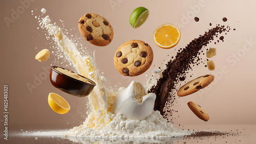 Cookies, fruit, and flour in mid-air explosion. A food photography.
