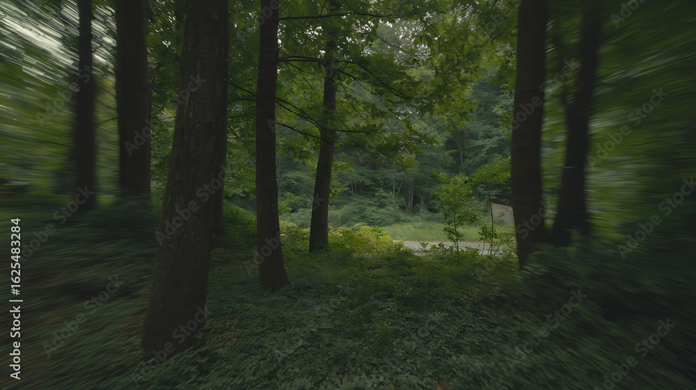 Fototapeta premium Dark, dense forest path, blurred motion, mysterious depths. 