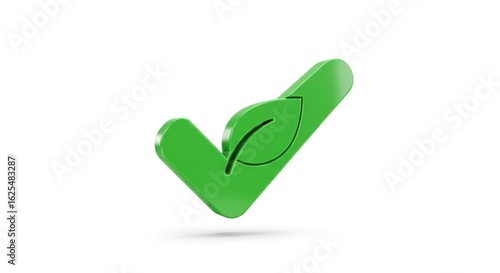 Glossy Green Eco-Friendly Check Mark with Leaf, Isolated on White Background