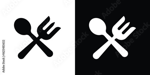 Spoon and Fork icon collection. Black and white filled vector illustration.