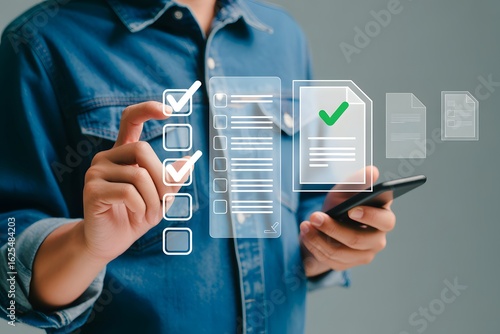 Wallpaper Mural Document Completion with Digital Signature: A close-up shot captures a person's hand interacting with a digital document displayed on a smartphone, marked with a checkmark. Torontodigital.ca