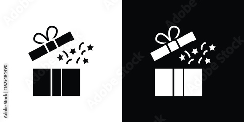 Open gift box icon collection. Black and white filled vector illustration.