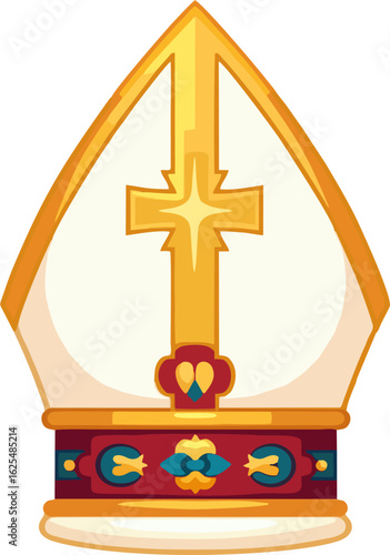 Colorful Vector Illustration of a Bishop’s Mitre with Golden Cross – Flat Religious Headwear Icon
