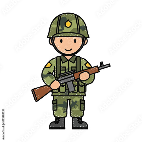 Cartoon illustration of a soldier in uniform holding a rifle, ready for duty