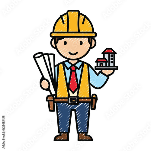 Architect Cartoon Character Holding Blueprints and a Model Building, Construction Concept