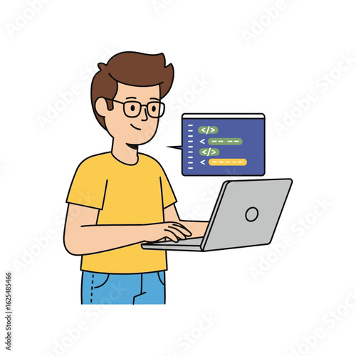 A young man with glasses smiles as he codes on his laptop, displaying an interface.