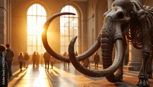 Gigantic mastodon fossil skeleton, prehistoric mammal exhibit in natural history museum. Ancient wildlife specimen on display, inspiring paleontology study, evolution concept. Warm sunlight streams