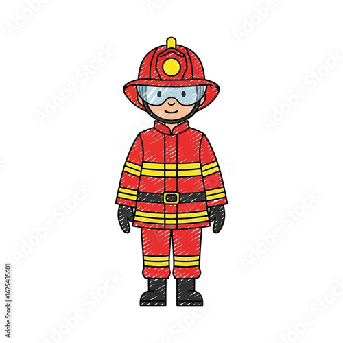 Cartoon illustration of a firefighter in full uniform, standing at attention.