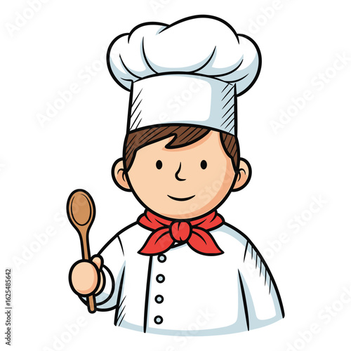 Cartoon illustration of a smiling chef holding a wooden spoon, wearing a toque and red neckerchief.