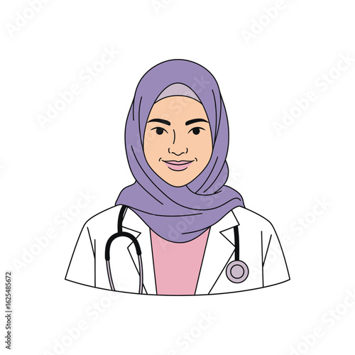 Smiling female doctor wearing a hijab and lab coat.