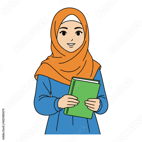 A smiling young woman in a hijab holds textbooks.