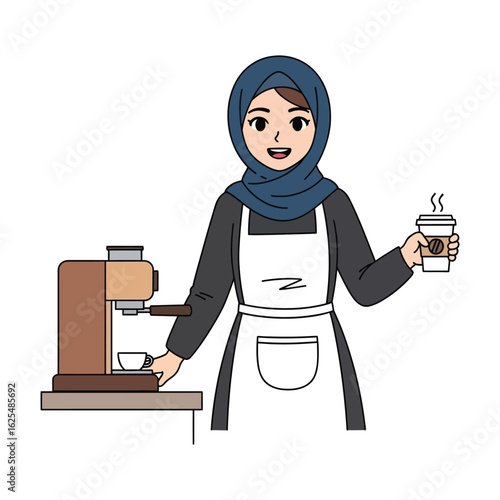 Cartoon illustration of a woman wearing a hijab and apron, holding a coffee cup next to an espresso machine.
