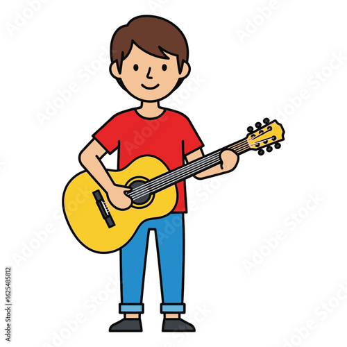 A smiling boy joyfully plays a yellow acoustic guitar.